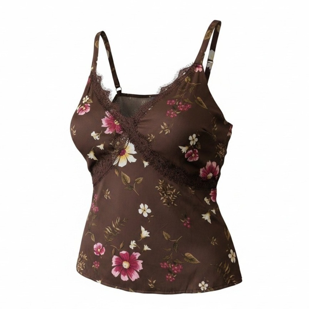 Old Navy Brown Pink Flora Babydoll Lace Trim Cami Tank Top Women's Size L